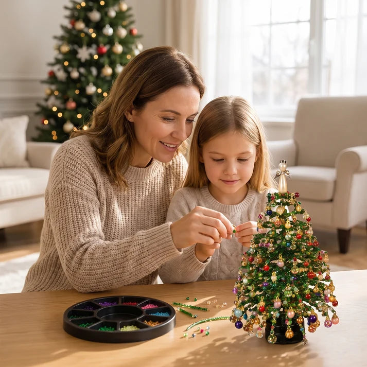 Lit beaded Christmas tree with an angel topper in a cozy living room