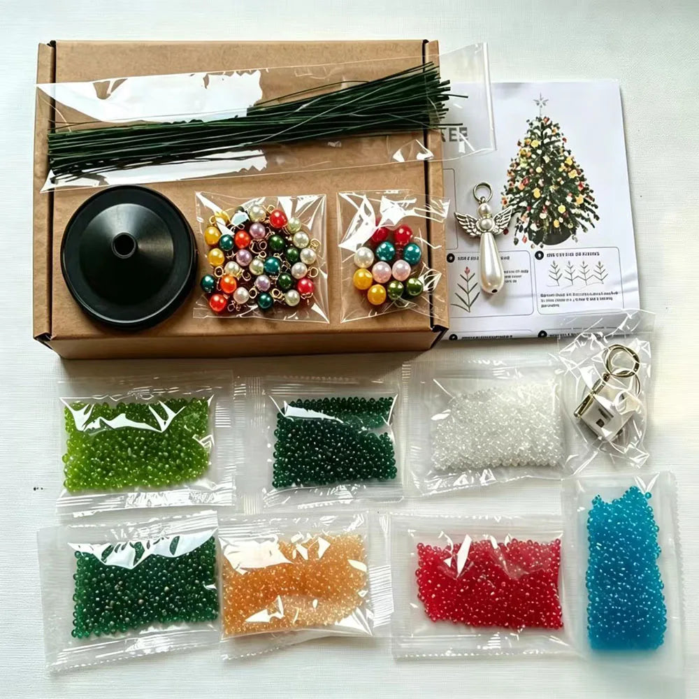 Beaded Christmas tree kit contents: seed beads in eight colors, green wire, ornament charms, angel topper, tree base and instructions